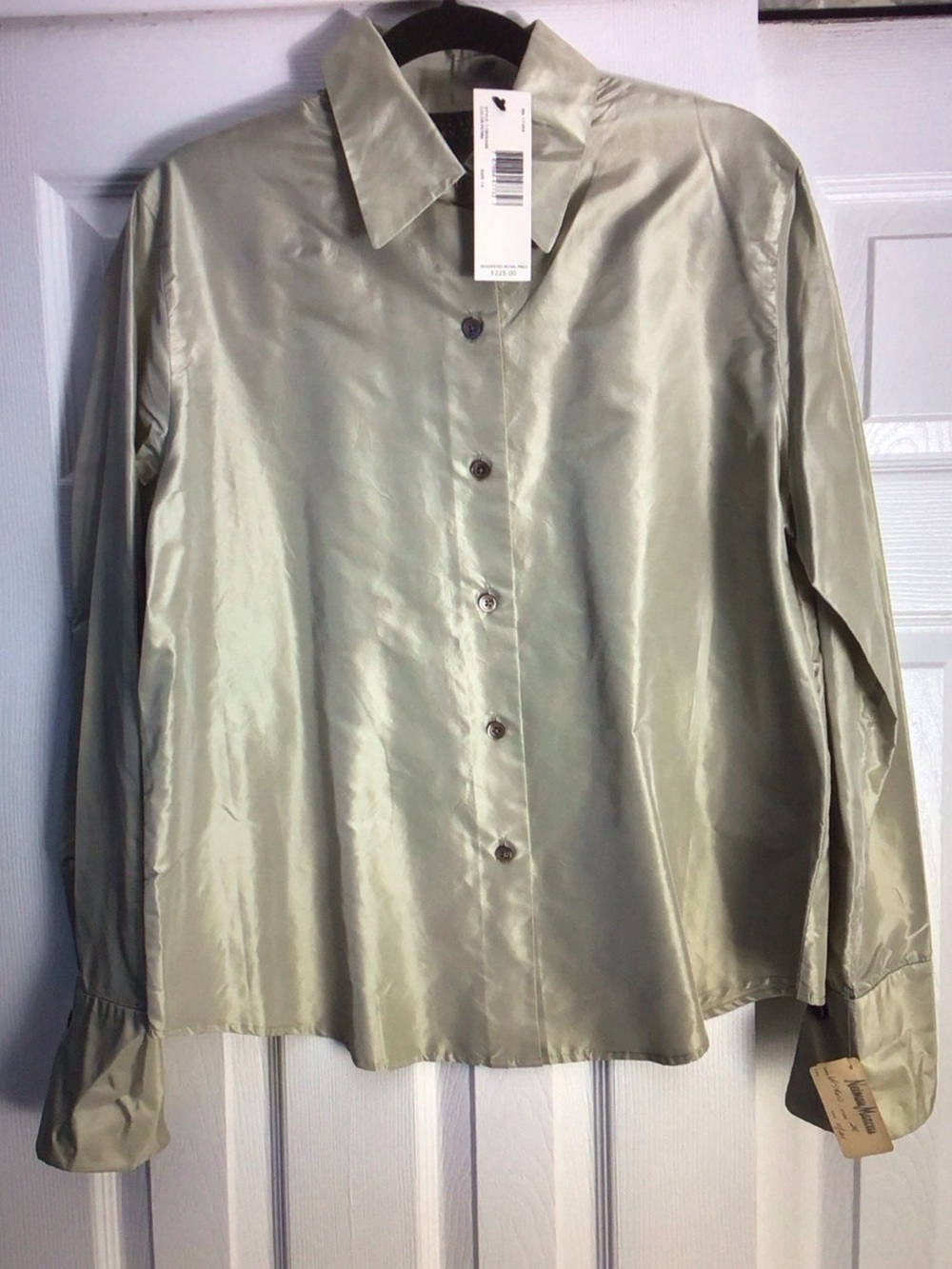 Linda Allard Ellen Tracy Silk-Look Button-Down Shirt in Light Sage